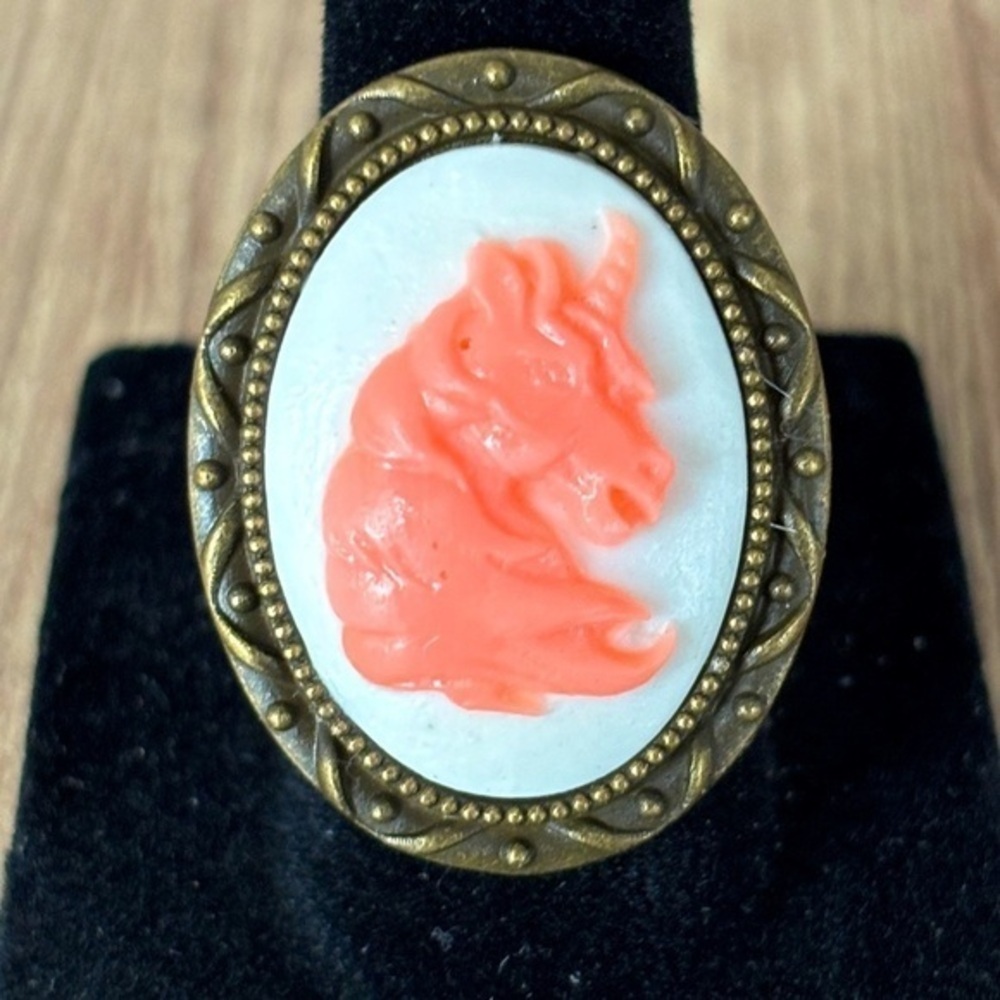 White and Pink Unicorn Cameo Adjustable Ring, Handmade, NWT